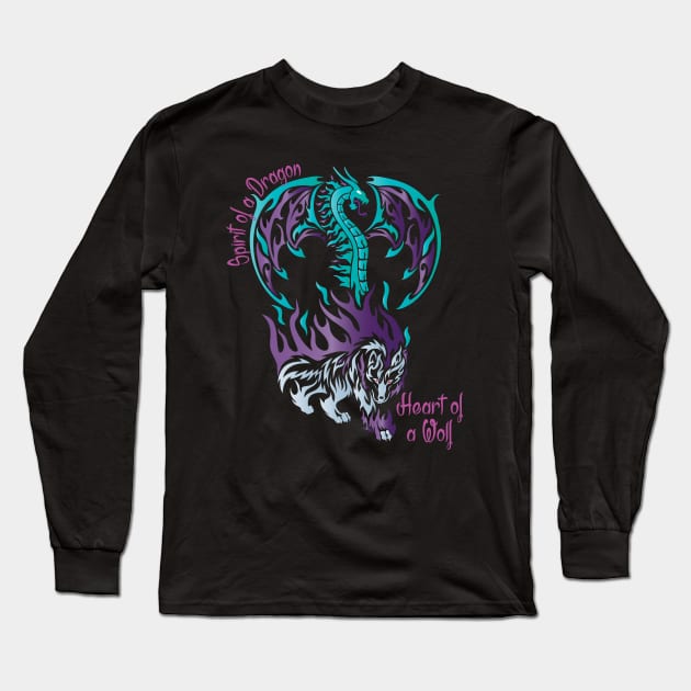 Spirit of an Ice Dragon and the Heart of a Frost Wolf in a Tribal / Tattoo Art Style Long Sleeve T-Shirt by Designs by Darrin